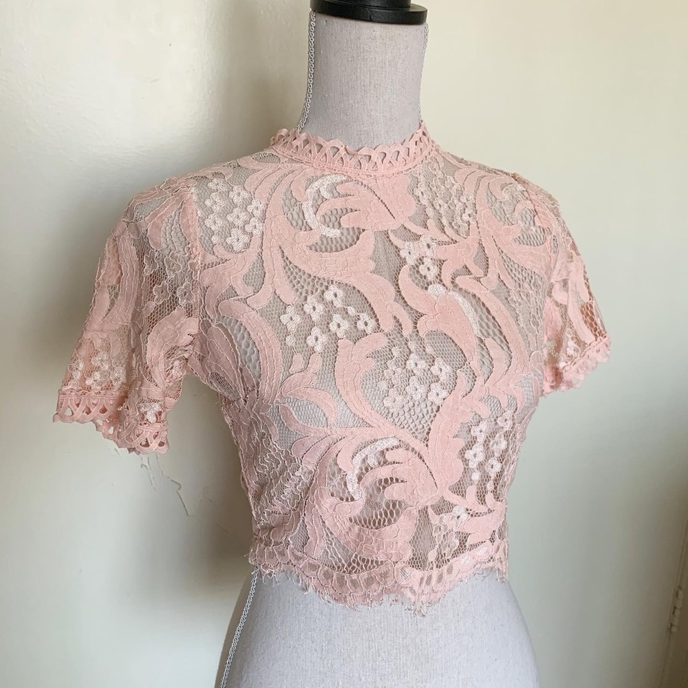 Peach pastel pink lacy zip up top